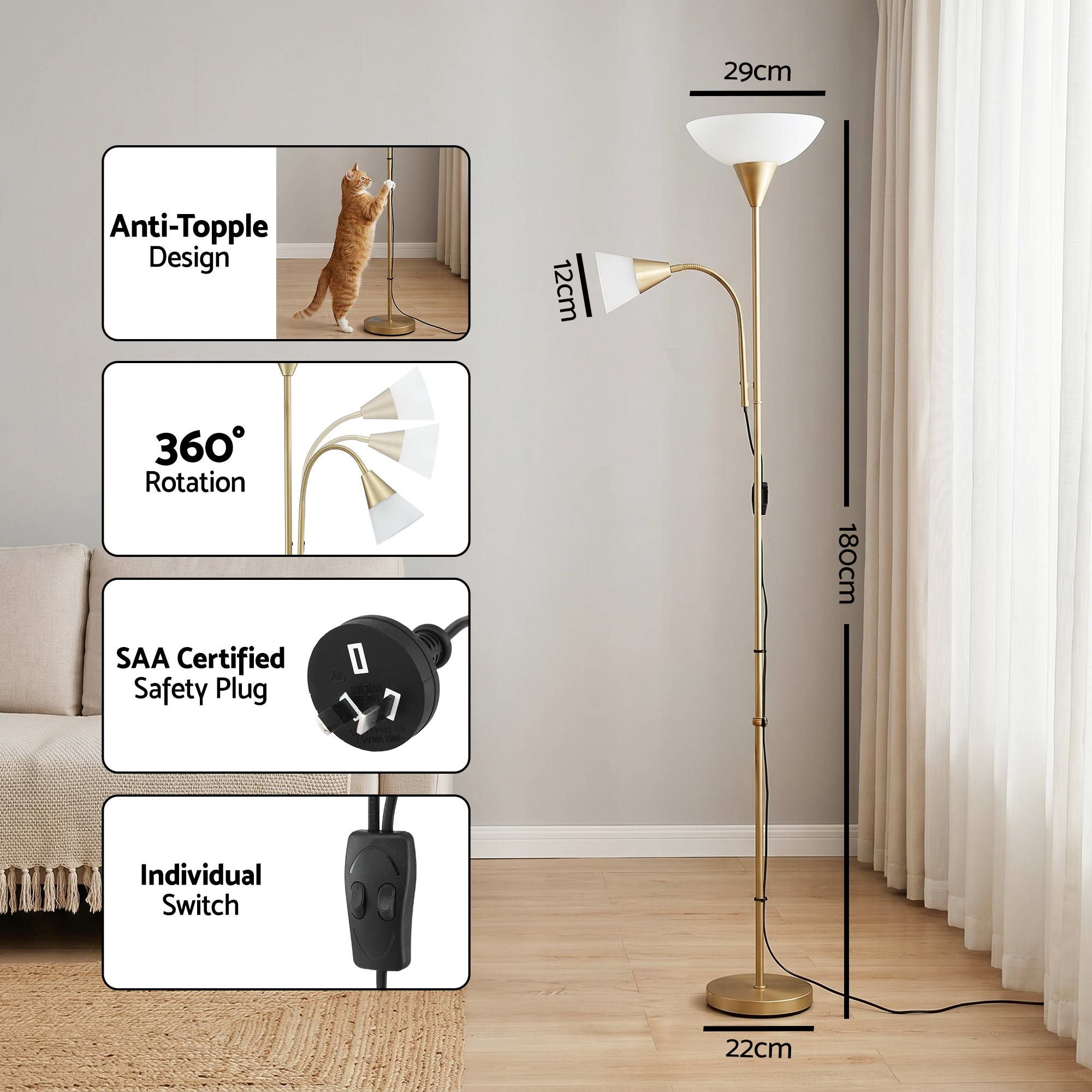 Artiss Gold Floor Lamp with Reading Light | Mother and Child Standing Lamp with 360 Flexible Gooseneck, LAMP-FLOOR-SF-1171-GD