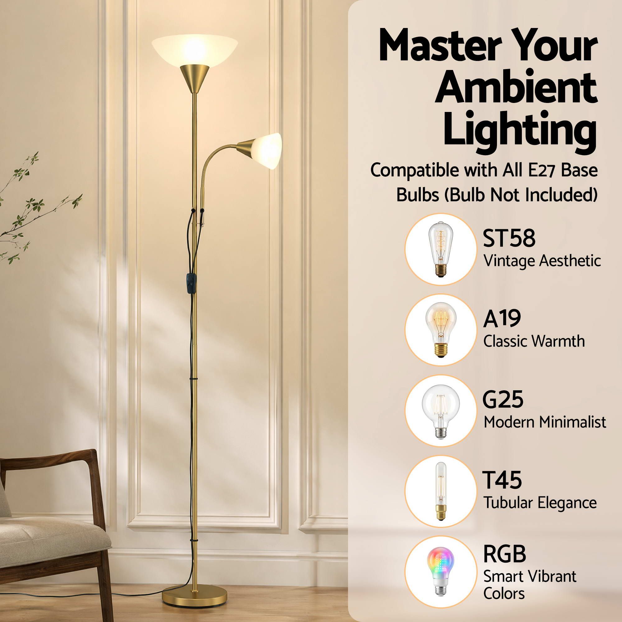 Artiss Gold Floor Lamp with Reading Light | Mother and Child Standing Lamp with 360 Flexible Gooseneck, LAMP-FLOOR-SF-1171-GD
