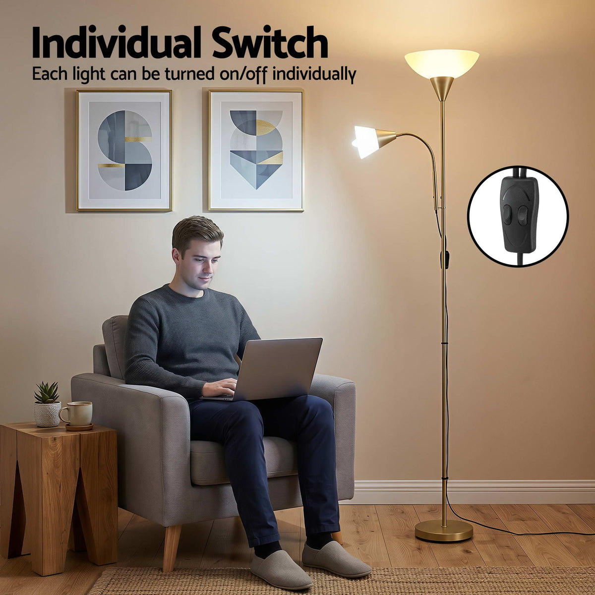 Artiss Gold Floor Lamp with Reading Light | Mother and Child Standing Lamp with 360 Flexible Gooseneck, LAMP-FLOOR-SF-1171-GD