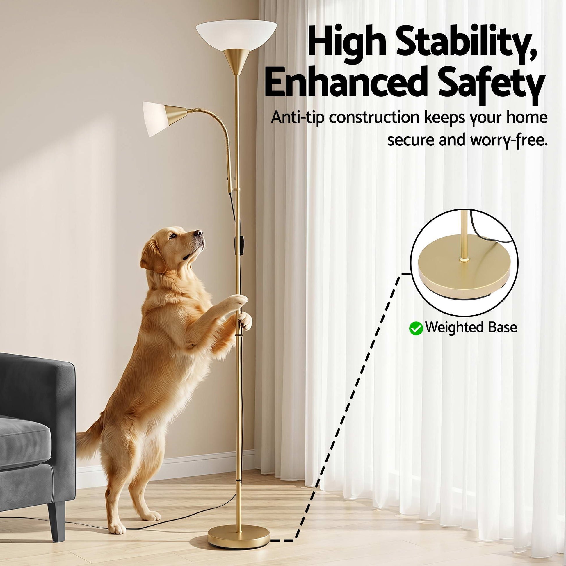 Artiss Gold Floor Lamp with Reading Light | Mother and Child Standing Lamp with 360 Flexible Gooseneck, LAMP-FLOOR-SF-1171-GD