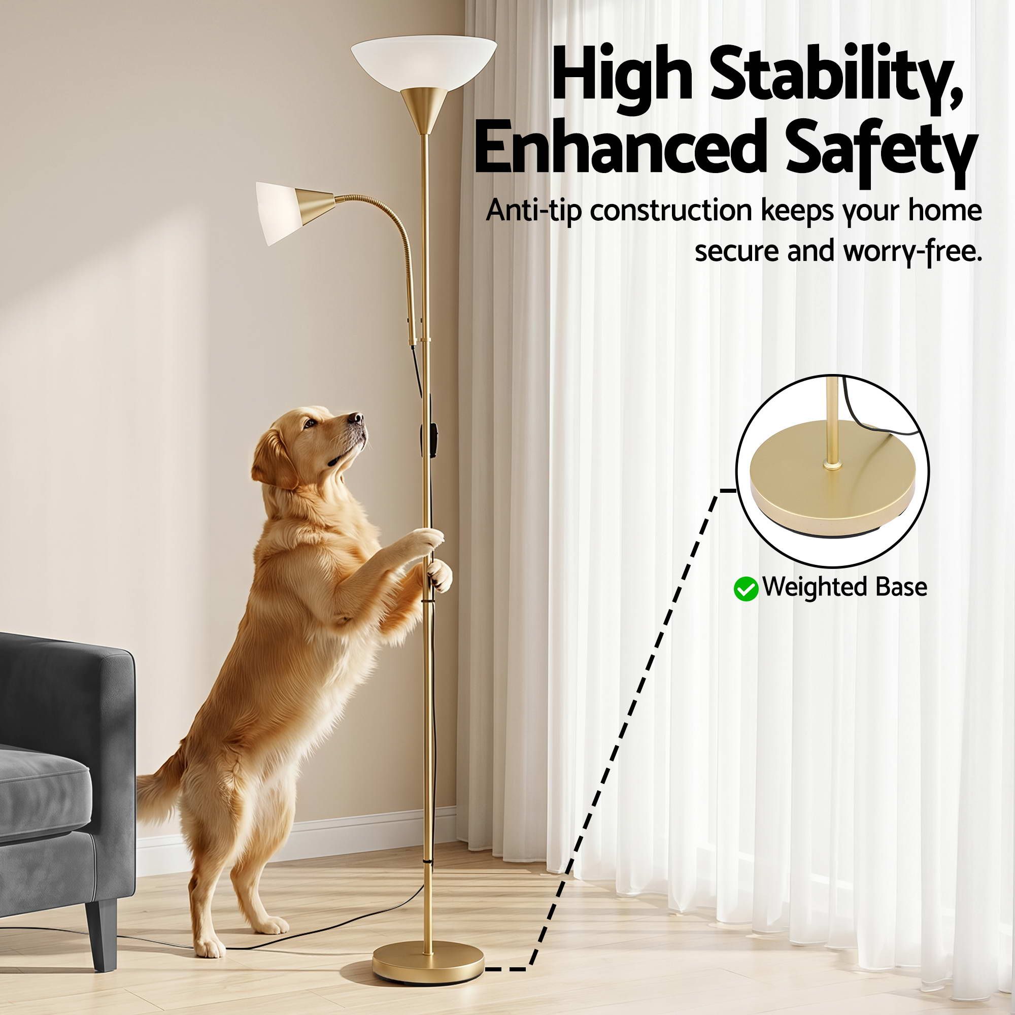 Artiss Gold Floor Lamp with Reading Light | Mother and Child Standing Lamp with 360 Flexible Gooseneck, LAMP-FLOOR-SF-1171-GD