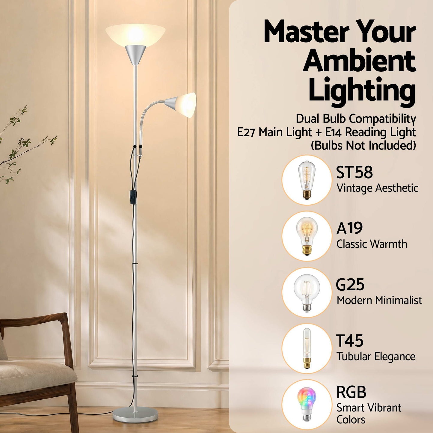 Artiss Floor Lamp Mother and Child Modern Home Living Room Office Reading Silver LAMP-FLOOR-SF-1171-SL