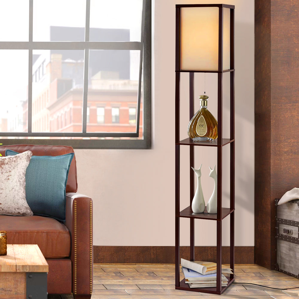 Artiss Floor Lamp 3 Tier Shelf Storage LED Light Stand Home Room Vintage Brown LAMP-FLOOR-SF-3017-A-BR