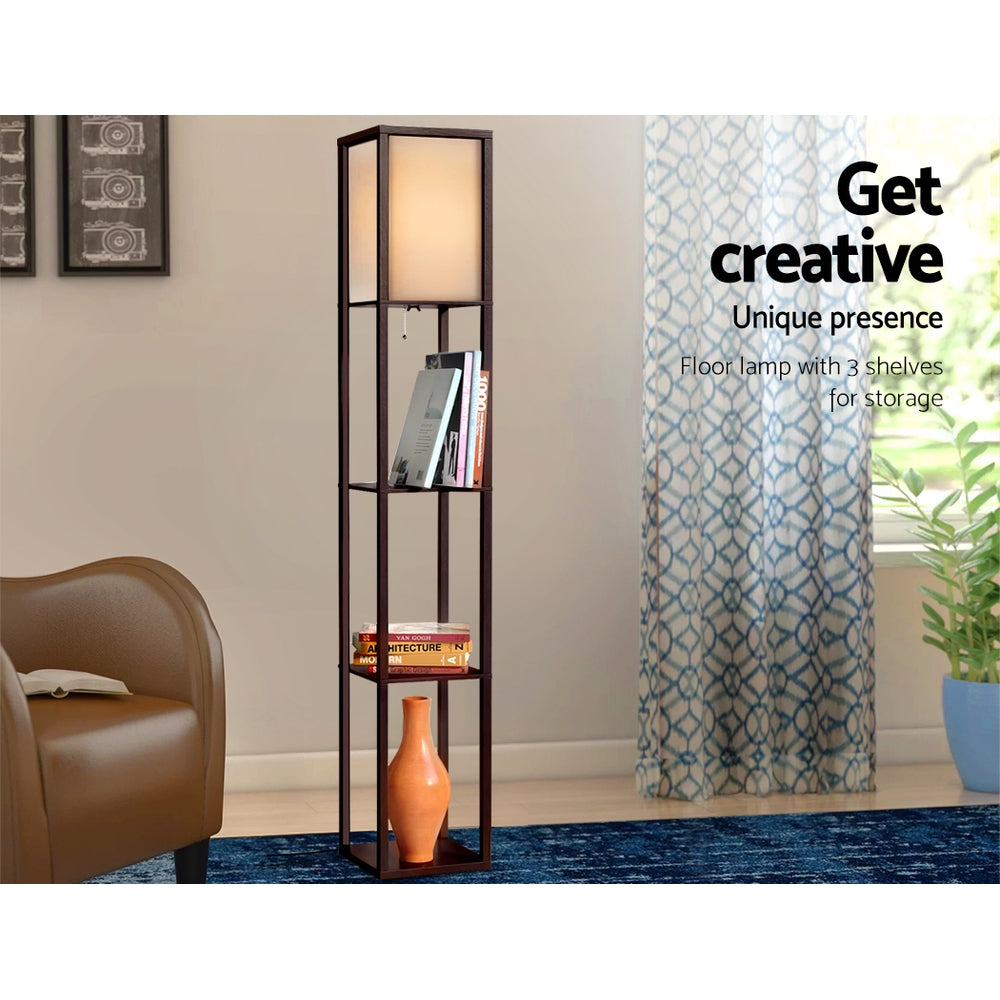 Artiss Floor Lamp 3 Tier Shelf Storage LED Light Stand Home Room Vintage Brown LAMP-FLOOR-SF-3017-A-BR