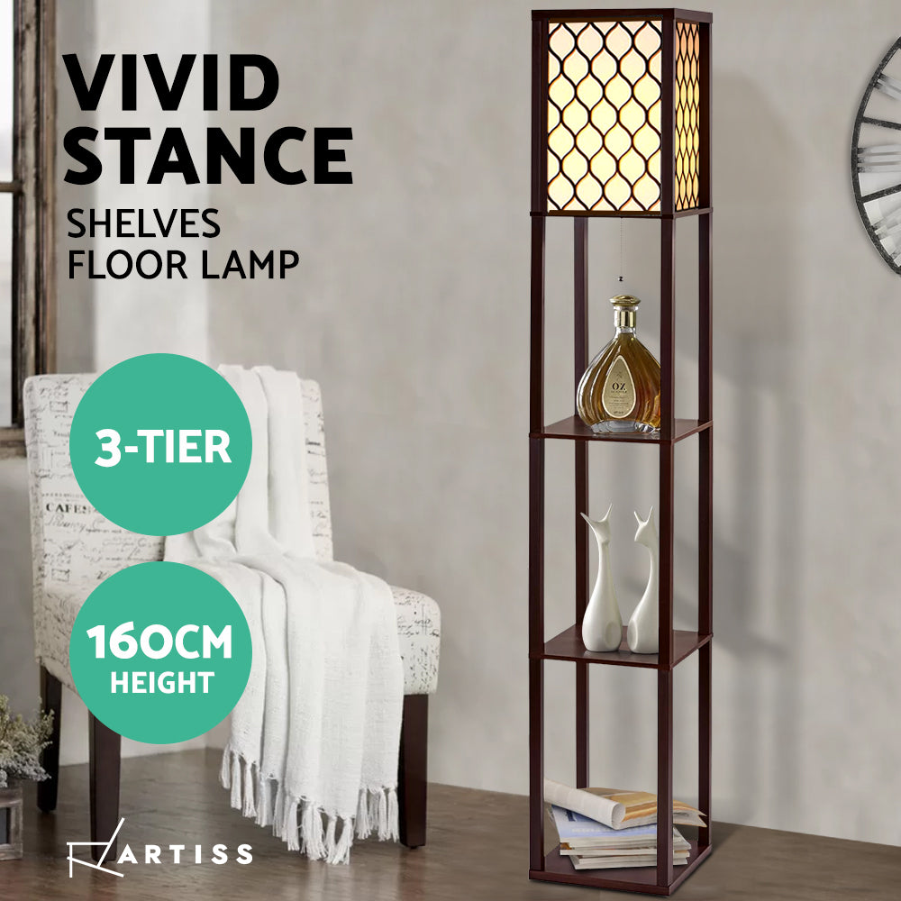 Artiss Floor Lamp 3 Tier Shelf Storage LED Light Stand Home Room Pattern Brown LAMP-FLOOR-SF-3017-B-BR