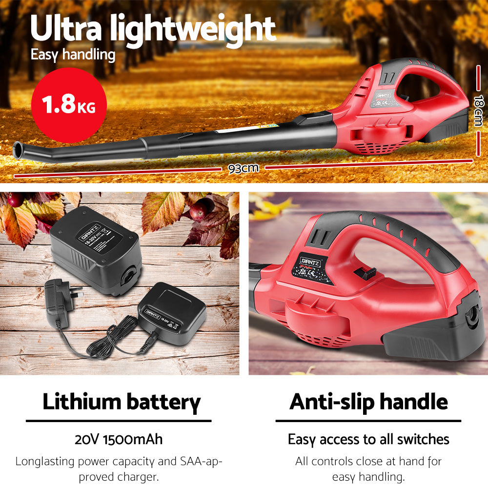 Giantz 20V Cordless Leaf Blower Garden Lithium Electric Battery Nozzles 2-Speed LB-20V-HAND-RD