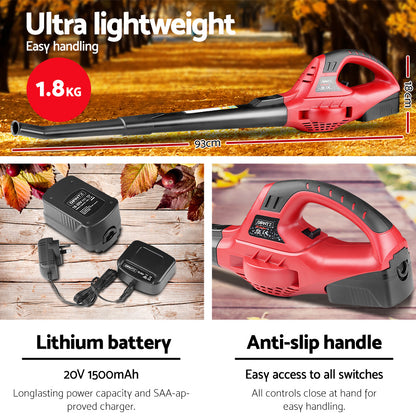 Giantz 20V Cordless Leaf Blower Garden Lithium Electric Battery Nozzles 2-Speed LB-20V-HAND-RD