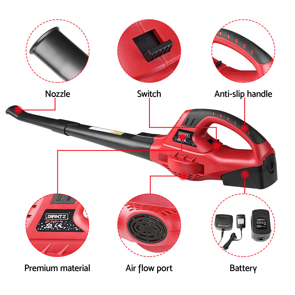 Giantz 20V Cordless Leaf Blower Garden Lithium Electric Battery Nozzles 2-Speed LB-20V-HAND-RD