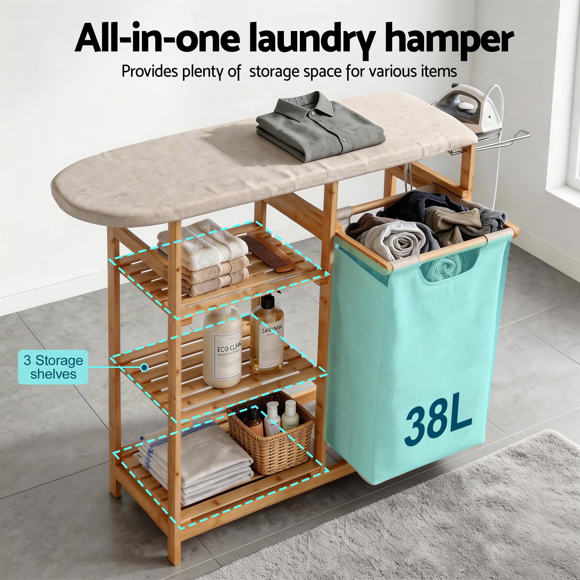 Artiss Laundry Basket Hamper with Ironing Board Bamboo LBH-B-BATH-BAM-GY