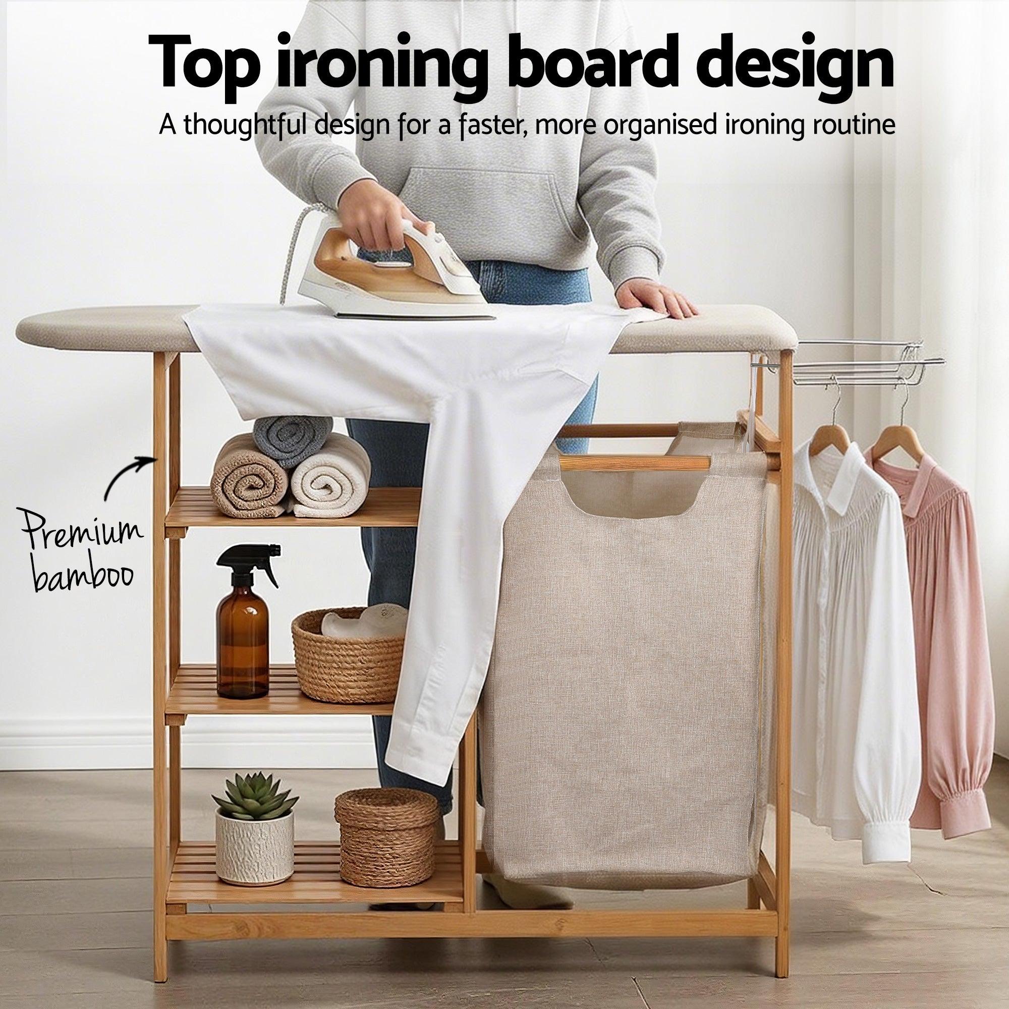 Artiss Laundry Basket Hamper with Ironing Board Bamboo LBH-B-BATH-BAM-GY