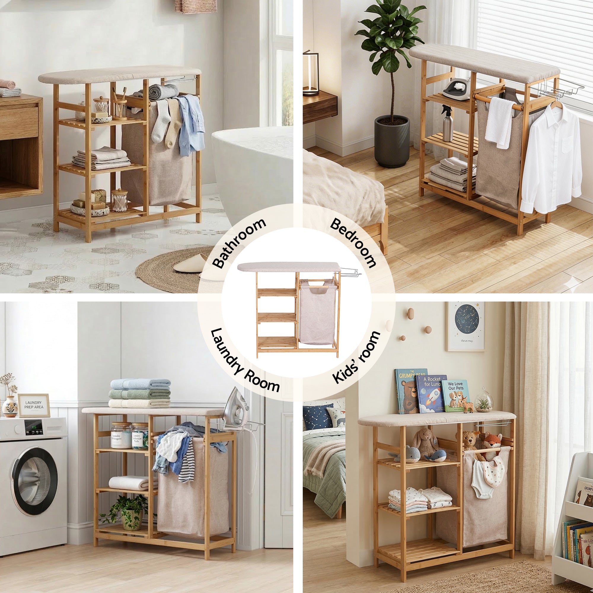 Artiss Laundry Basket Hamper with Ironing Board Bamboo LBH-B-BATH-BAM-GY