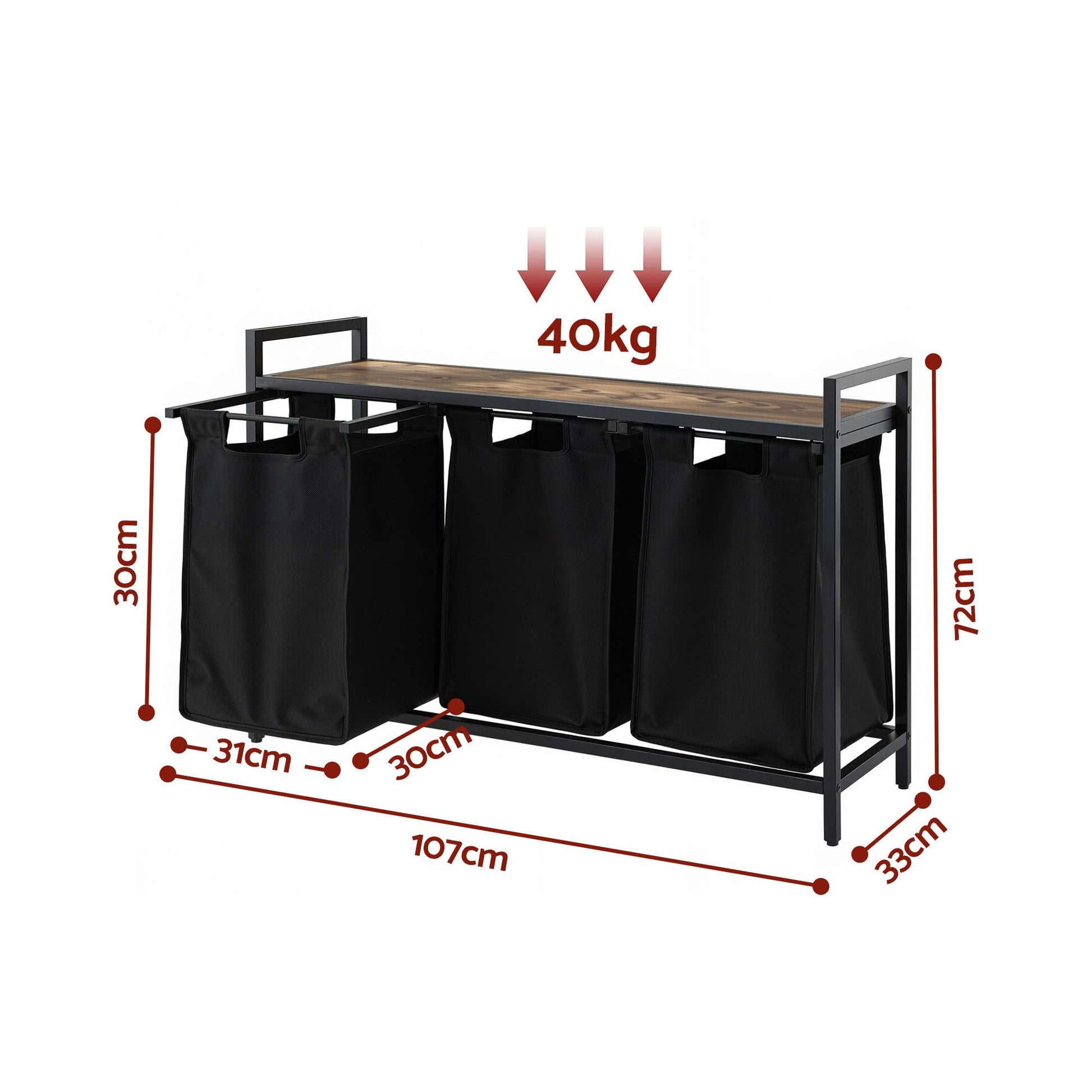 Artiss Laundry Basket with 3 Pull-out Bags Metal Frame Black LBH-BATH-3B-BK