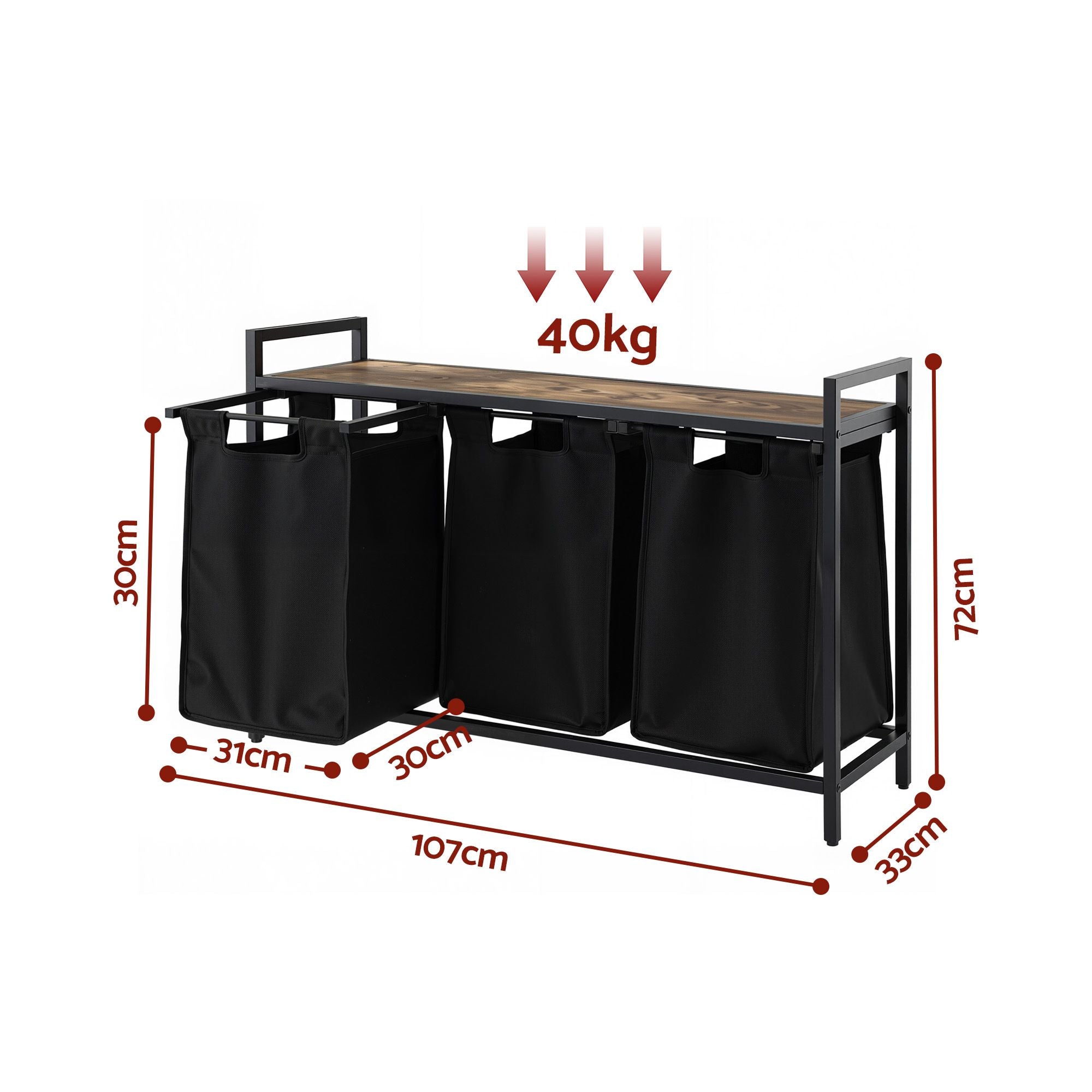 Artiss Laundry Basket with 3 Pull-out Bags Metal Frame Black LBH-BATH-3B-BK
