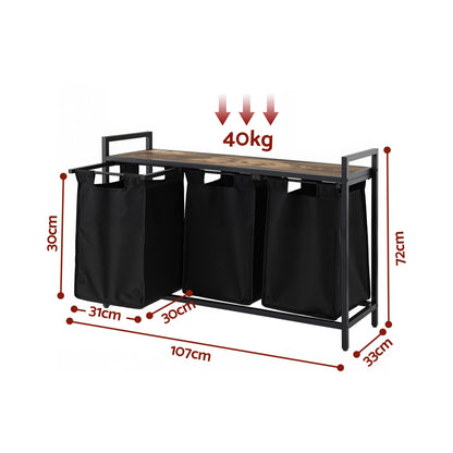 Artiss Laundry Basket with 3 Pull-out Bags Metal Frame Black LBH-BATH-3B-BK