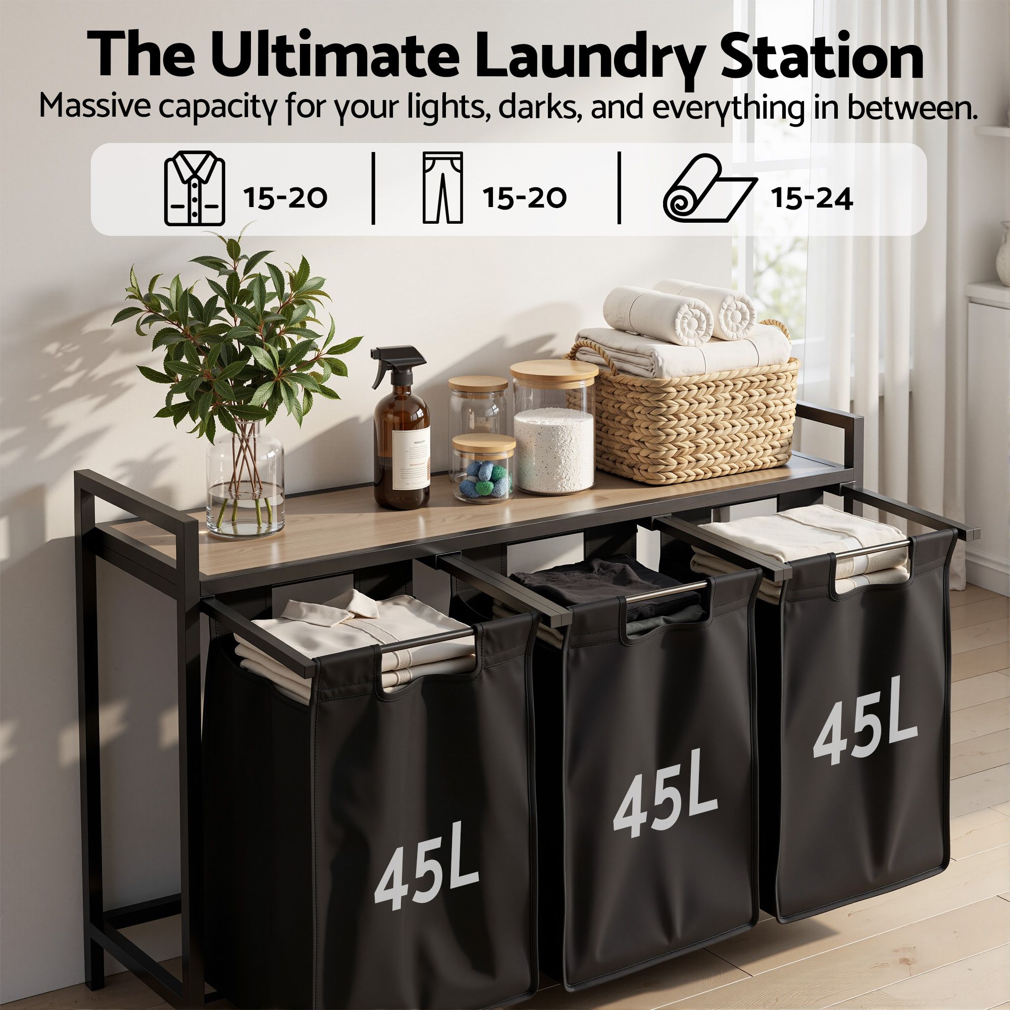 Artiss Laundry Basket with 3 Pull-out Bags Metal Frame Black LBH-BATH-3B-BK