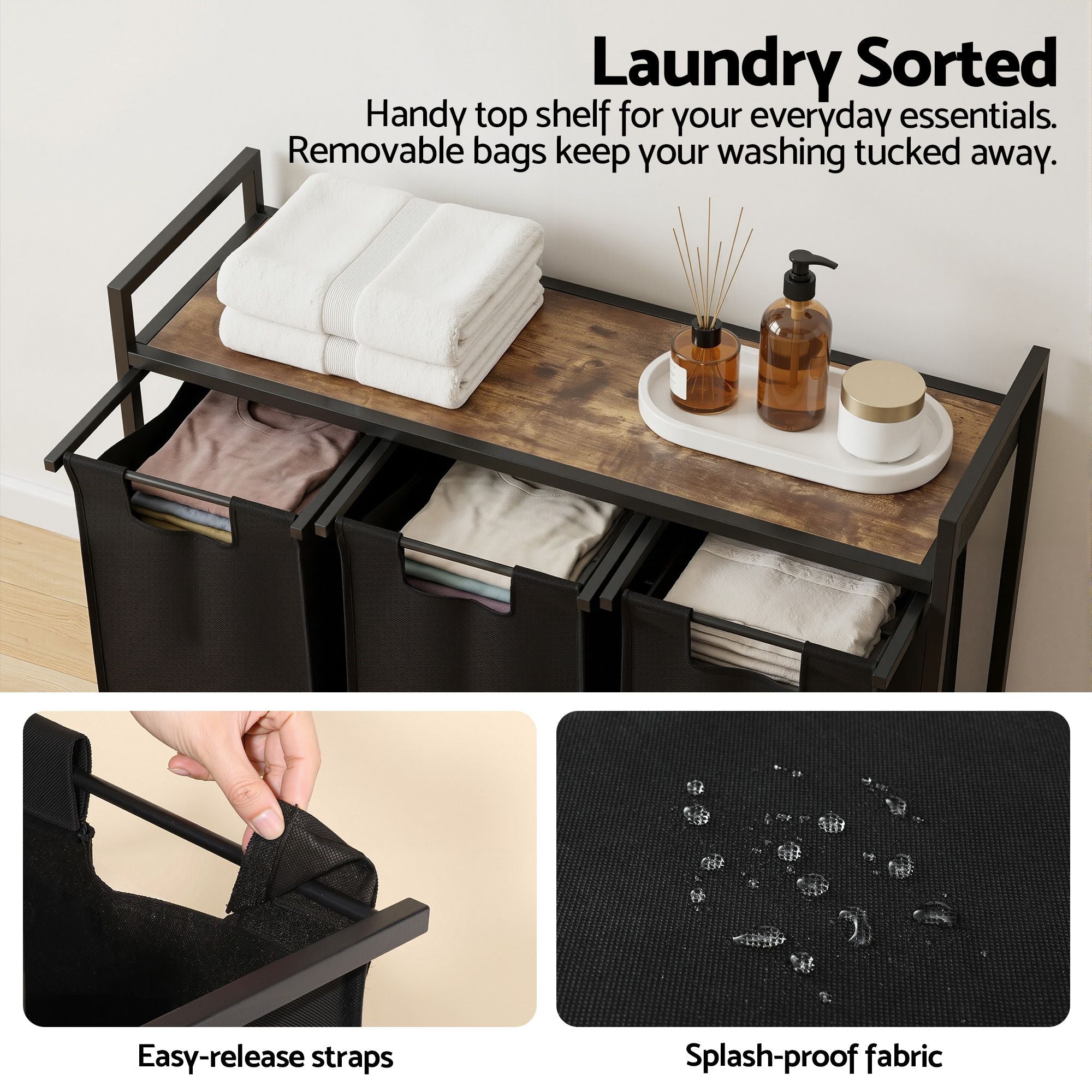 Artiss Laundry Basket with 3 Pull-out Bags Metal Frame Black LBH-BATH-3B-BK