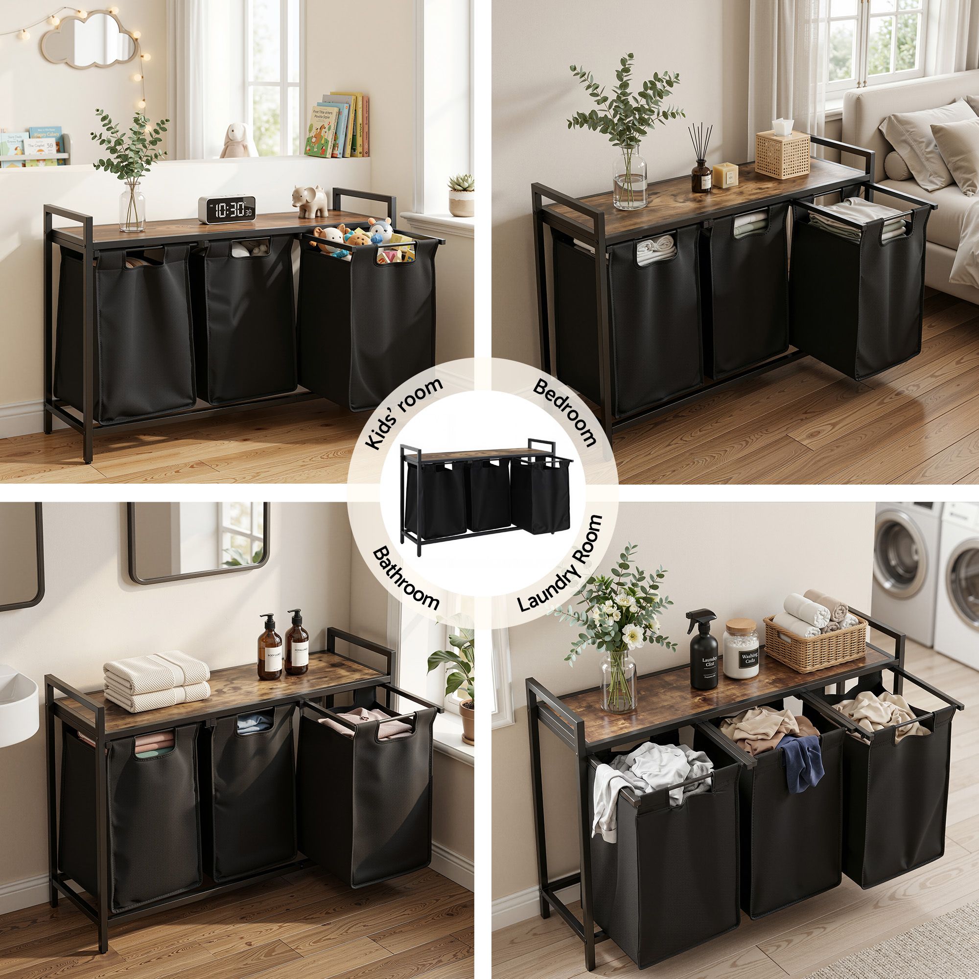 Artiss Laundry Basket with 3 Pull-out Bags Metal Frame Black LBH-BATH-3B-BK
