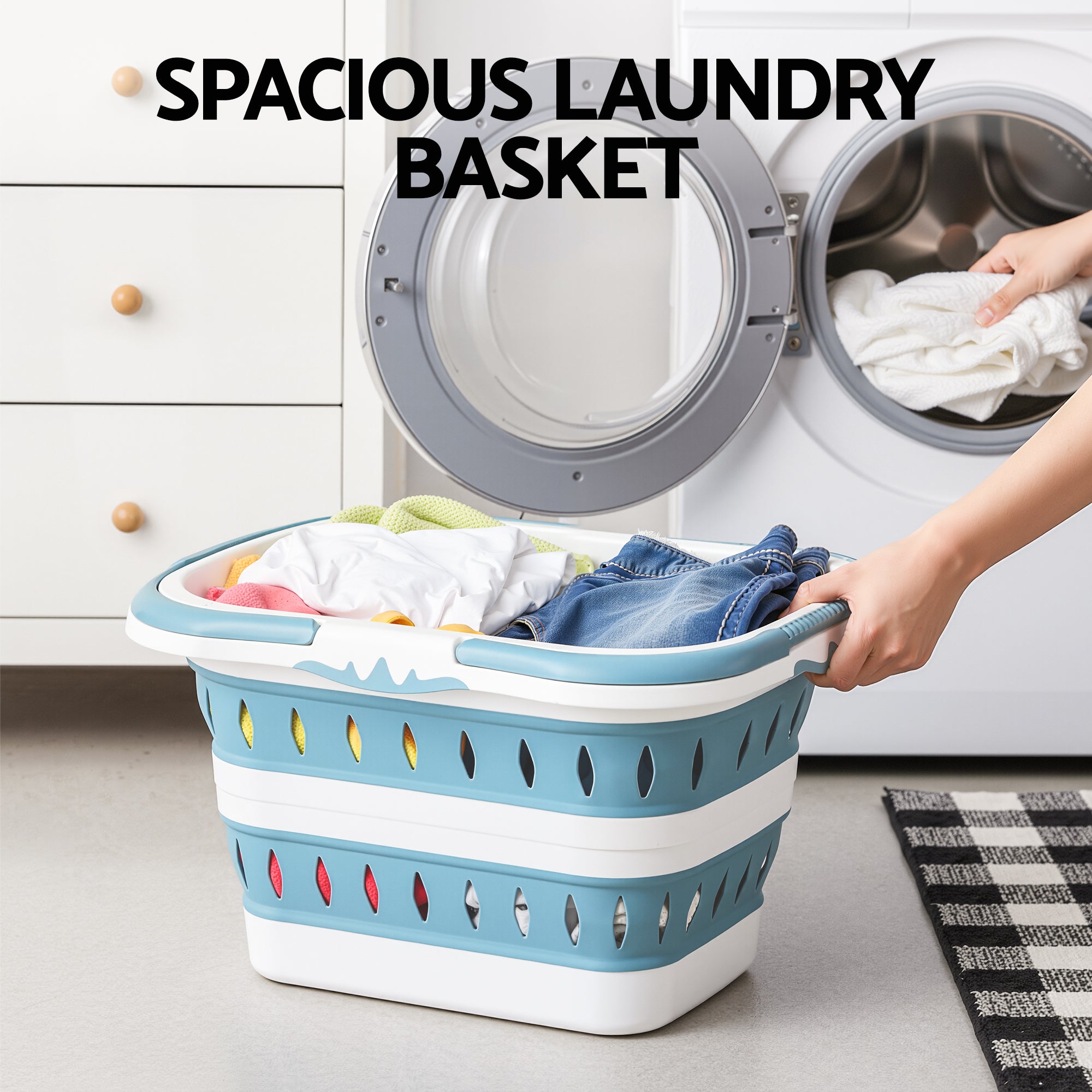 Artiss Laundry Basket Hamper Large Foldable Washing Clothes Storage Organiser Blue LBH-FD-BLWH