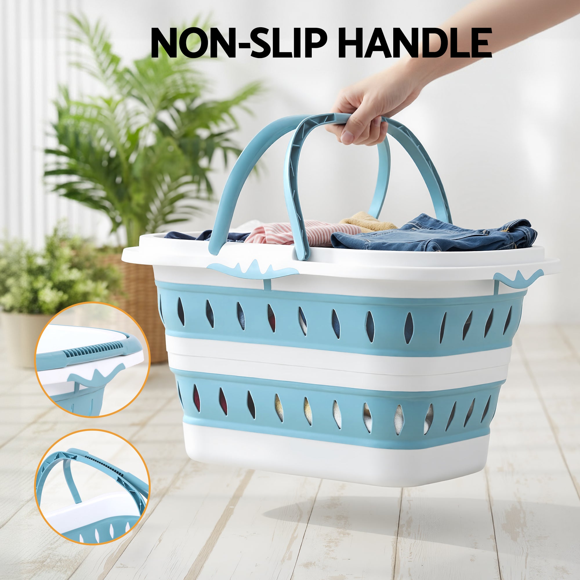 Artiss Laundry Basket Hamper Large Foldable Washing Clothes Storage Organiser Blue LBH-FD-BLWH