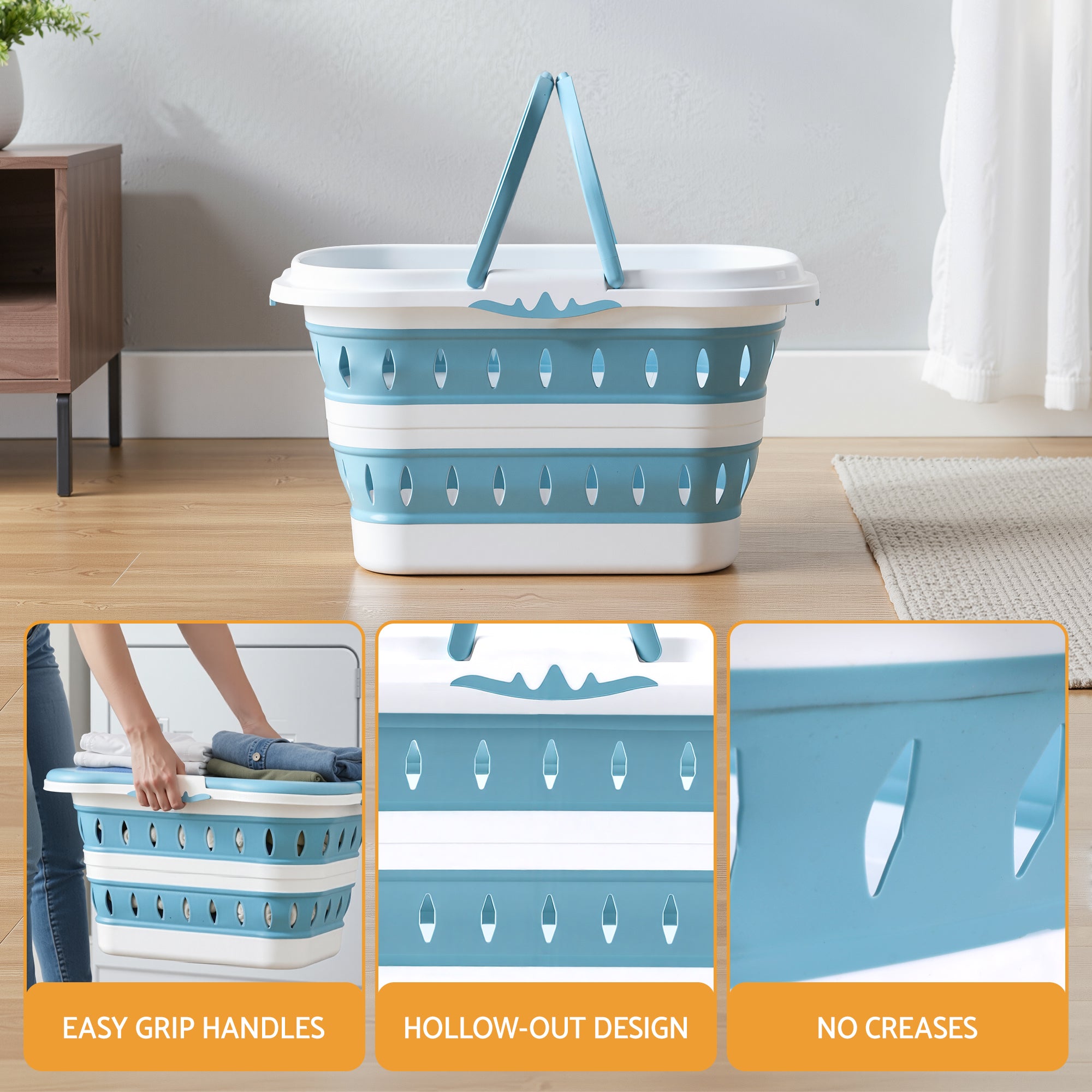 Artiss Laundry Basket Hamper Large Foldable Washing Clothes Storage Organiser Blue LBH-FD-BLWH
