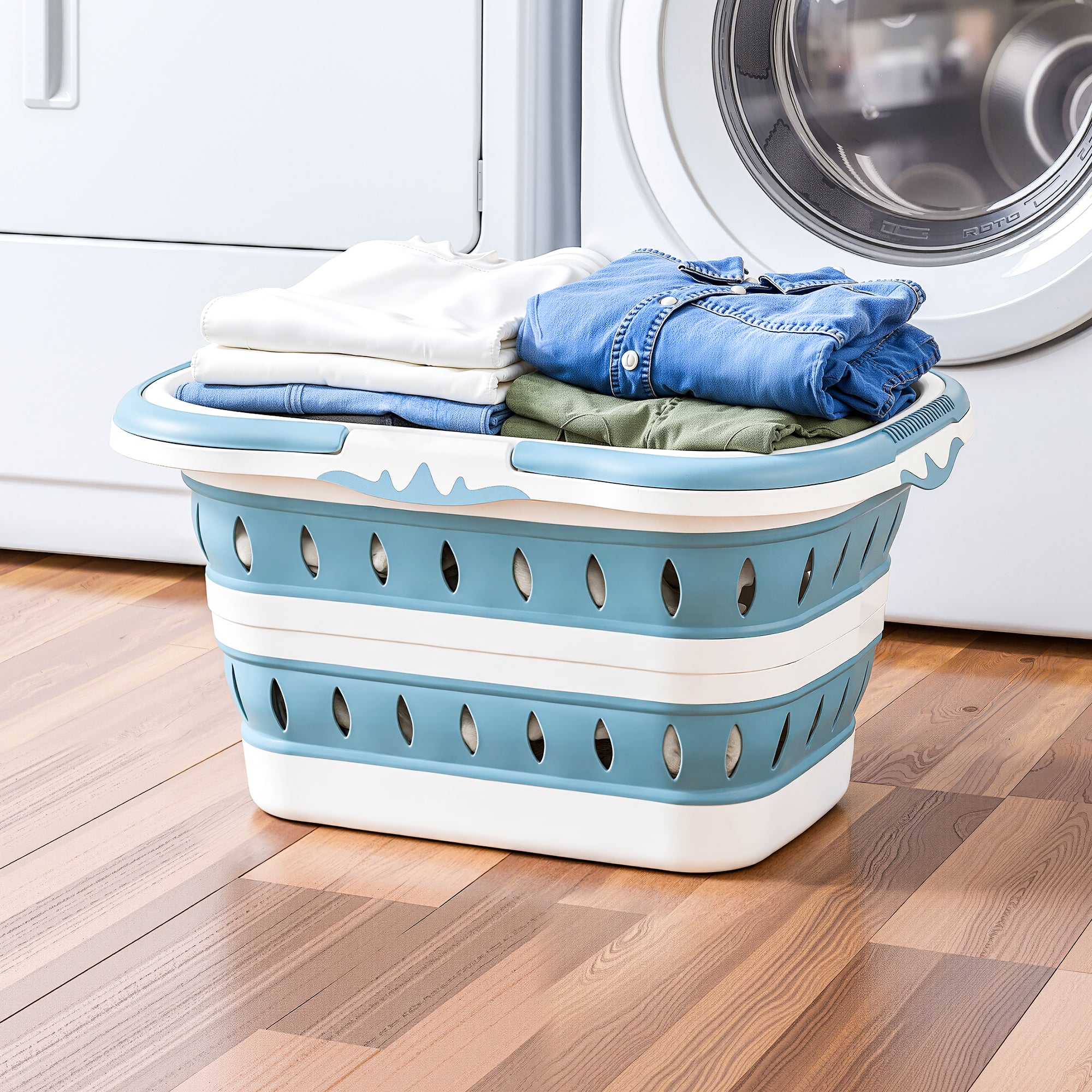 Artiss Laundry Basket Hamper Large Foldable Washing Clothes Storage Organiser Blue LBH-FD-BLWH