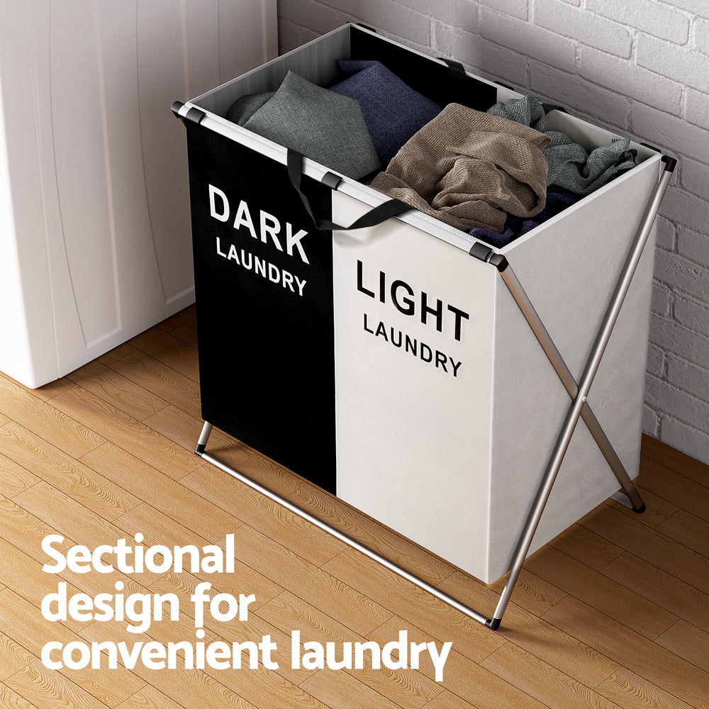 Artiss Laundry Basket Hamper Large Foldable Washing Clothes Storage 2 Sections LBH-FD-BW-2