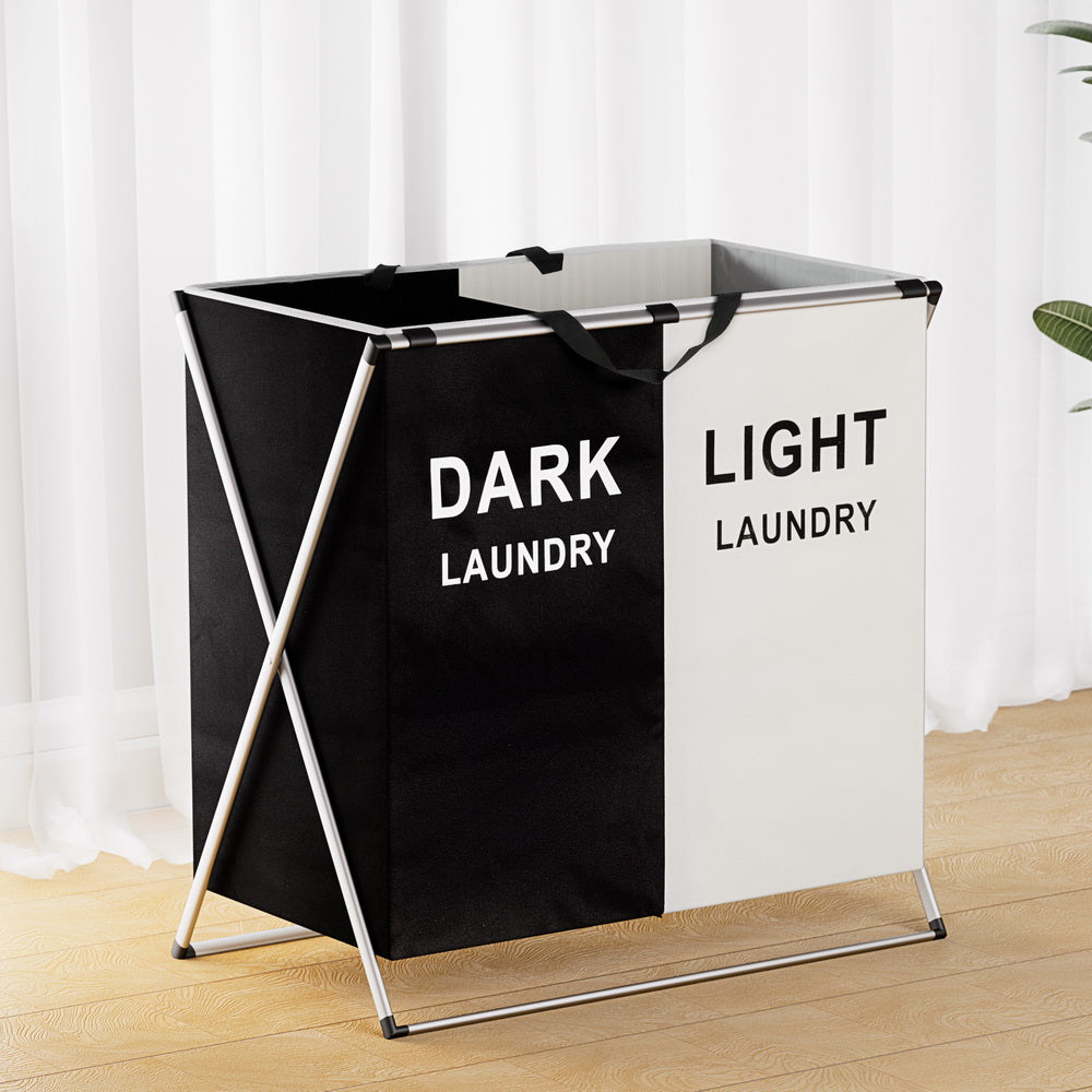 Artiss Laundry Basket Hamper Large Foldable Washing Clothes Storage 2 Sections LBH-FD-BW-2