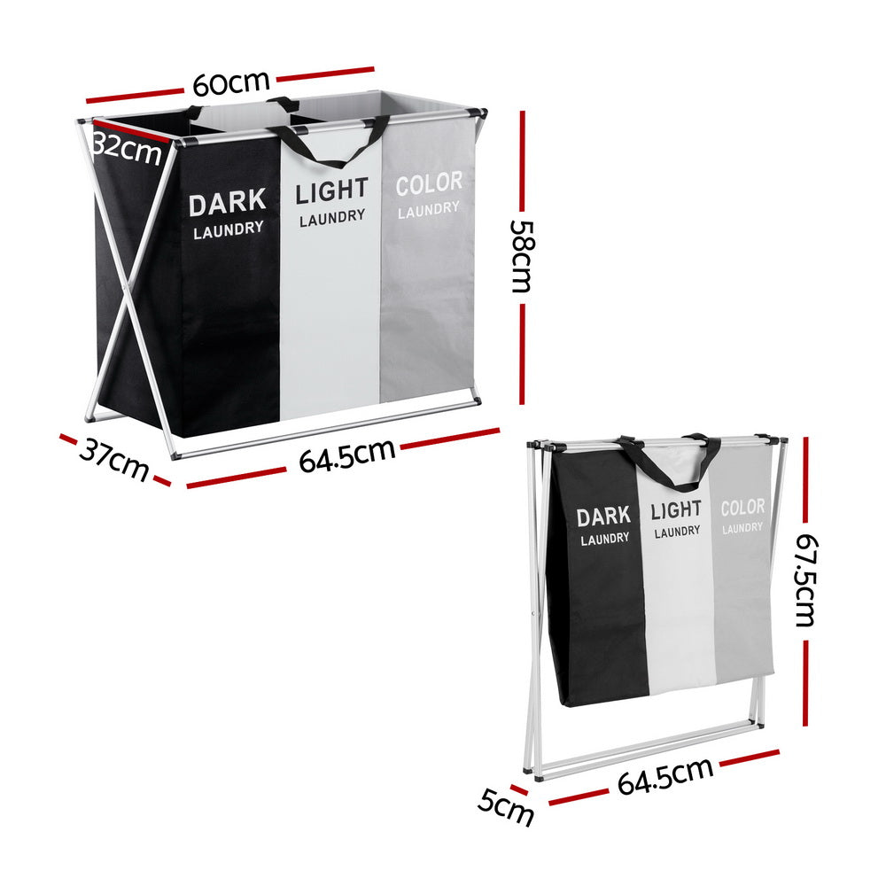 Artiss Laundry Basket Hamper Large Foldable Washing Clothes Storage 3 Sections LBH-FD-BWG-3