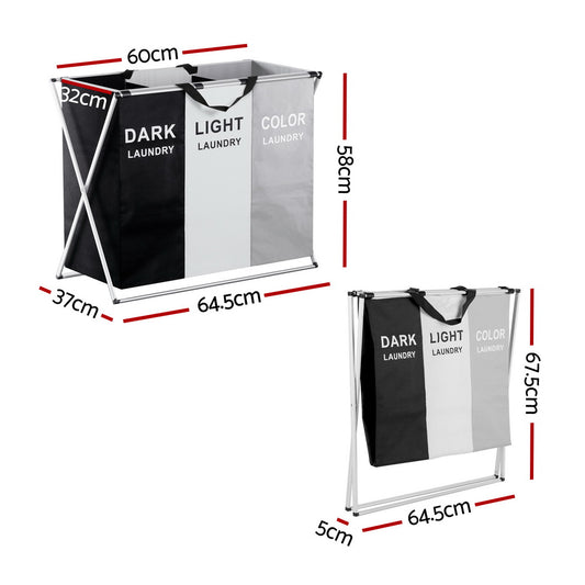 Artiss Laundry Basket Hamper Large Foldable Washing Clothes Storage 3 Sections LBH-FD-BWG-3