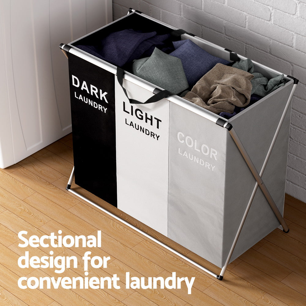 Artiss Laundry Basket Hamper Large Foldable Washing Clothes Storage 3 Sections LBH-FD-BWG-3