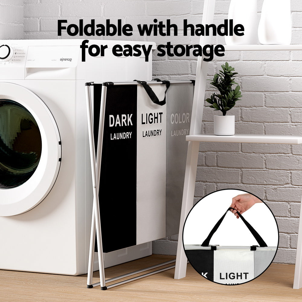 Artiss Laundry Basket Hamper Large Foldable Washing Clothes Storage 3 Sections LBH-FD-BWG-3