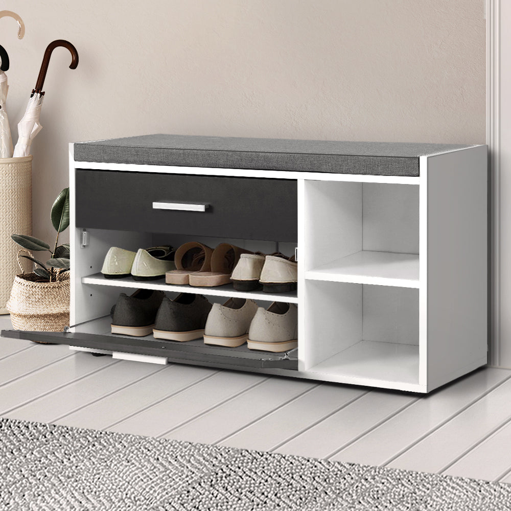 Artiss Shoe Cabinet Bench Shoes Storage Organiser Rack Wooden Cupboard Fabric Seat Adjustable Shelf LC-FURNI-BEN02-WHGY