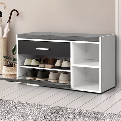 Artiss Shoe Cabinet Bench Shoes Storage Organiser Rack Wooden Cupboard Fabric Seat Adjustable Shelf LC-FURNI-BEN02-WHGY