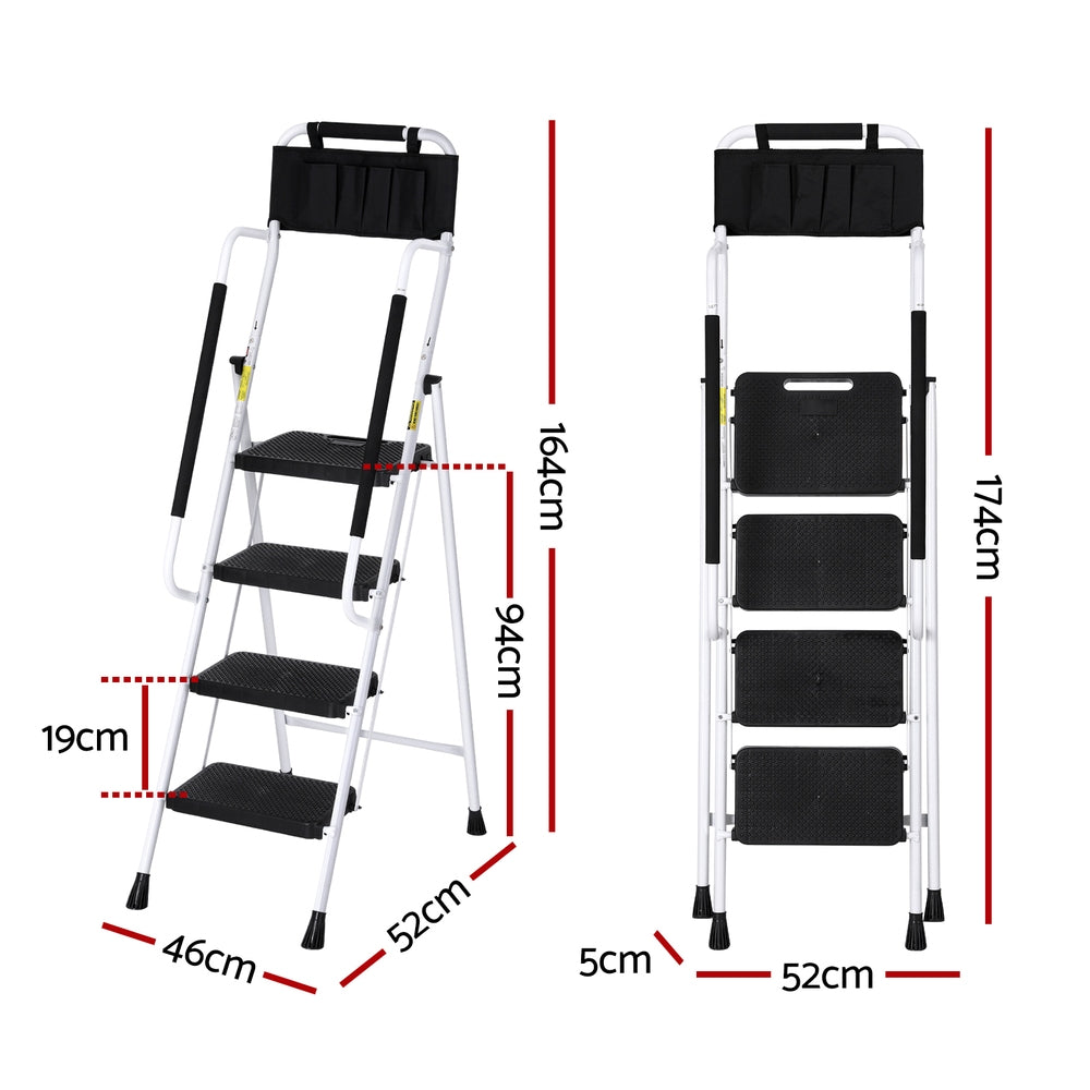 Giantz 4 Step Ladder Multi-Purpose Folding Steel Platform Tool Bag Handrails LD-STEEL-4STEP-TB