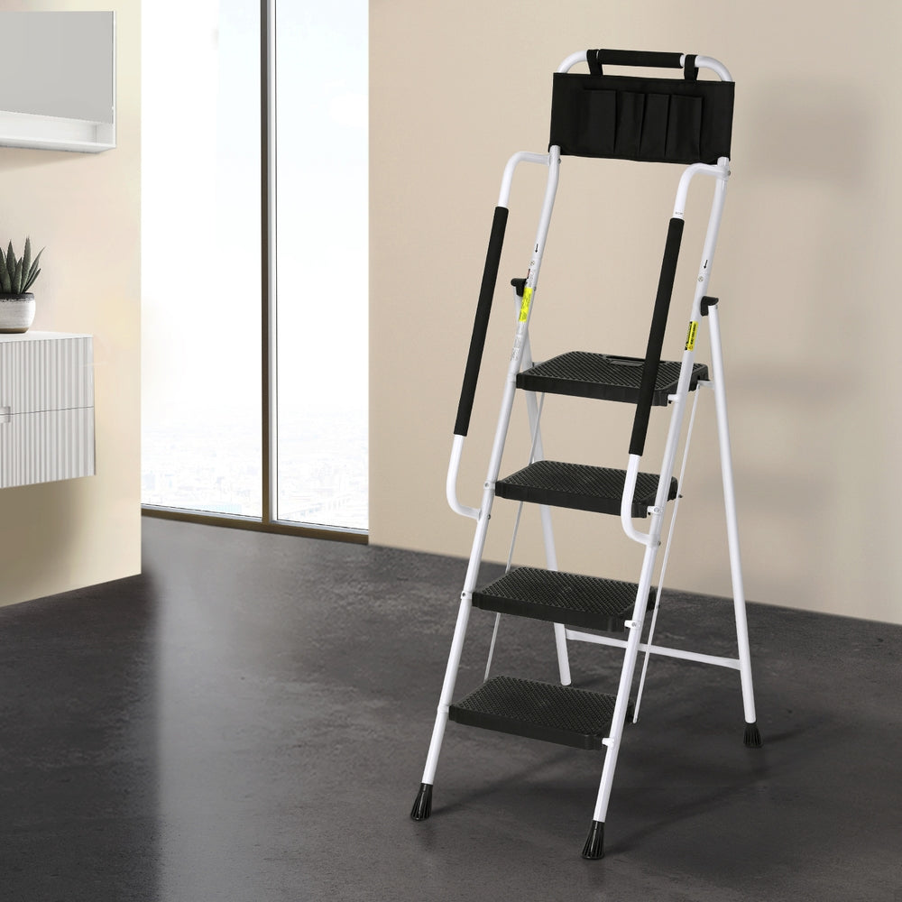 Giantz 4 Step Ladder Multi-Purpose Folding Steel Platform Tool Bag Handrails LD-STEEL-4STEP-TB