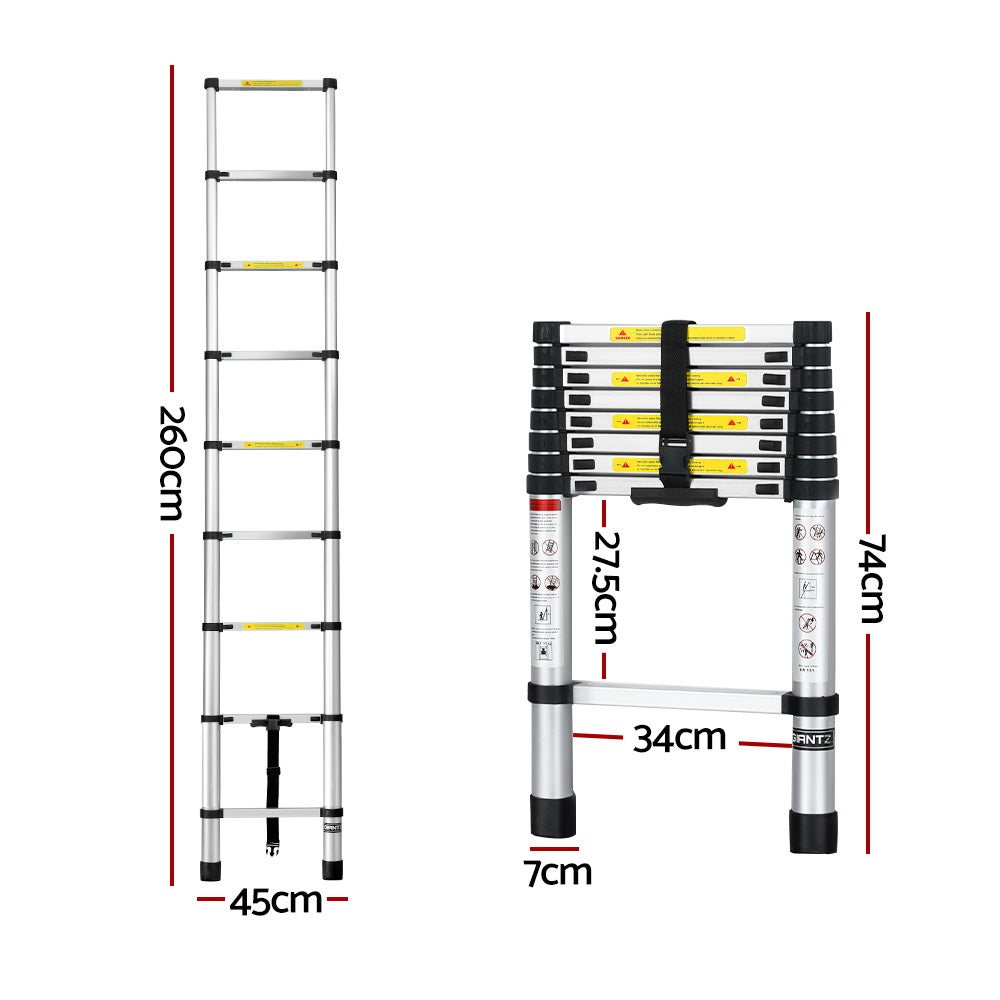 Giantz 2.6M Telescopic Ladder Aluminium Extension Extendable Steps Adjustable Height LD-TLCP-ALU-S-2.6M