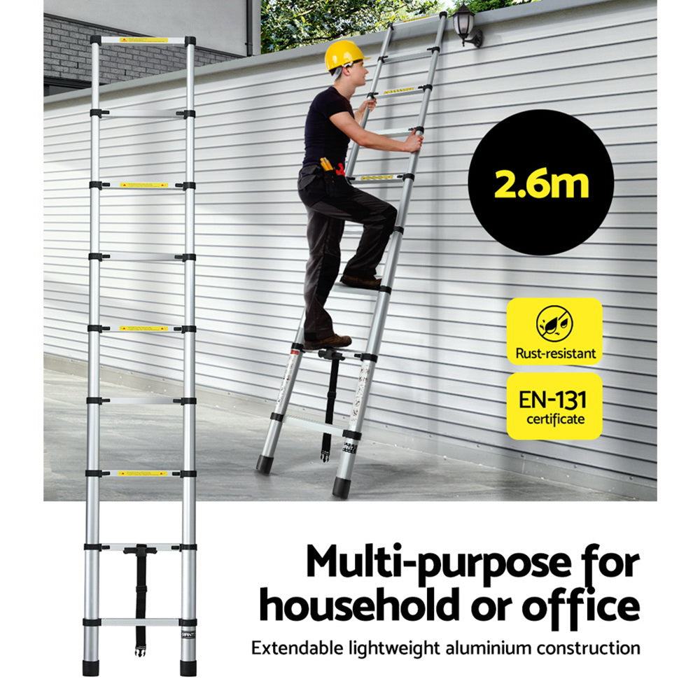 Giantz 2.6M Telescopic Ladder Aluminium Extension Extendable Steps Adjustable Height LD-TLCP-ALU-S-2.6M