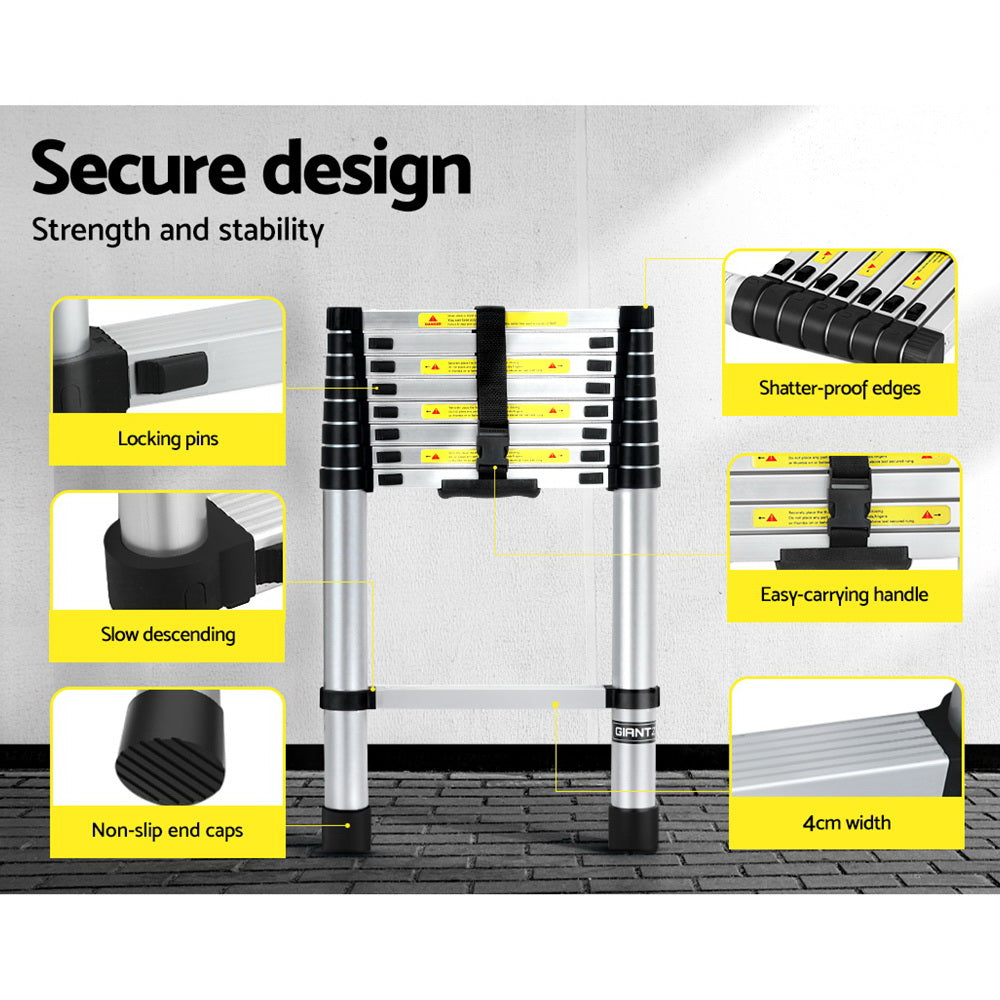 Giantz 2.6M Telescopic Ladder Aluminium Extension Extendable Steps Adjustable Height LD-TLCP-ALU-S-2.6M