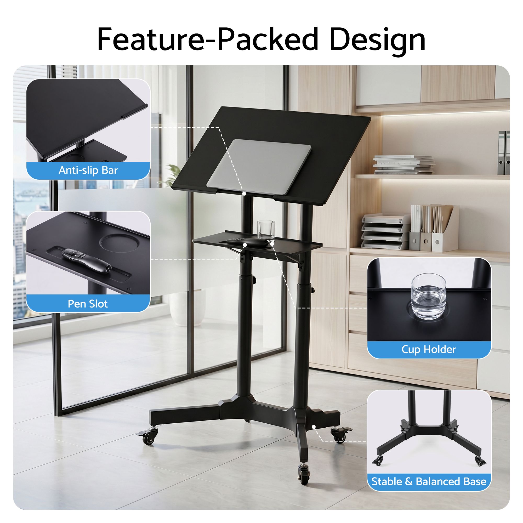 Artiss Mobile Lectern Stand, Adjustable Sit-to-Stand Presentation Podium w/ Wheels Black