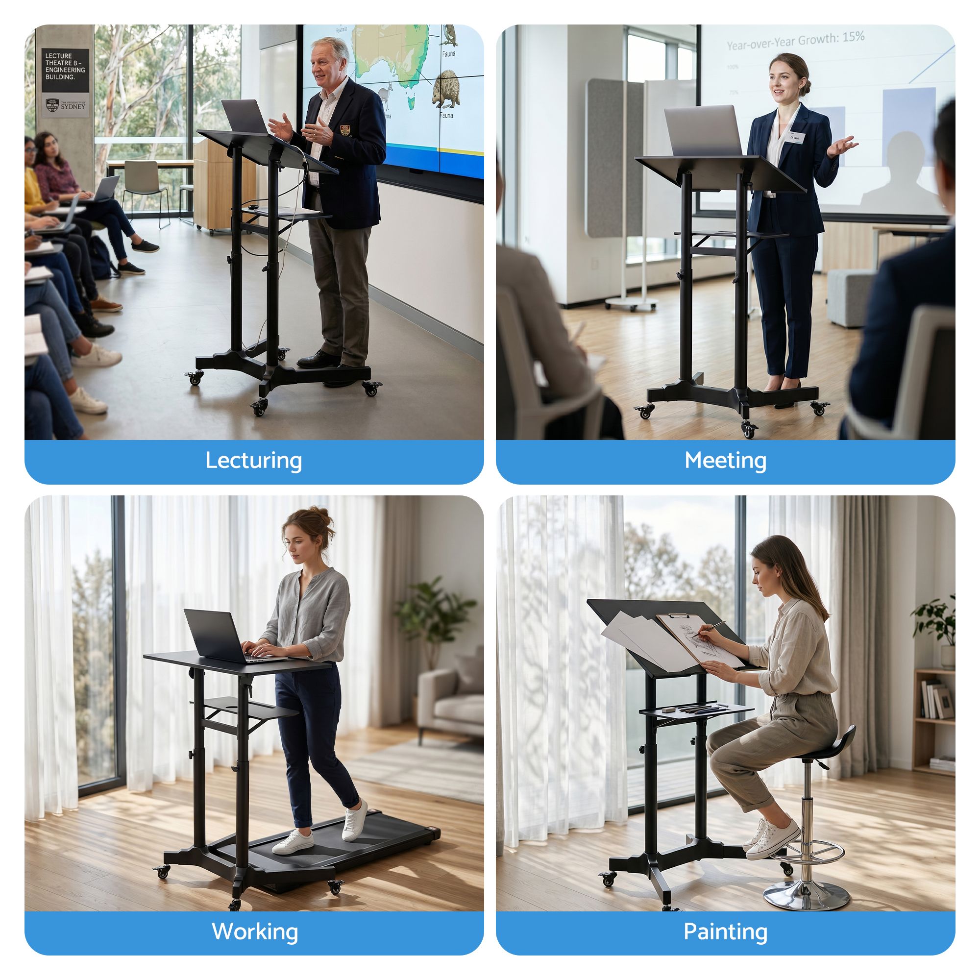 Artiss Mobile Lectern Stand, Adjustable Sit-to-Stand Presentation Podium w/ Wheels Black