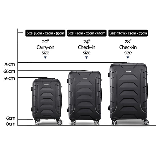 Wanderlite 3Set 20-24-28 Inch Luggage with TSA Lock Spinner Carry On Hard Shell Travel Suitcase Luggage Case LUG-ABS-BOS-3SET-BK