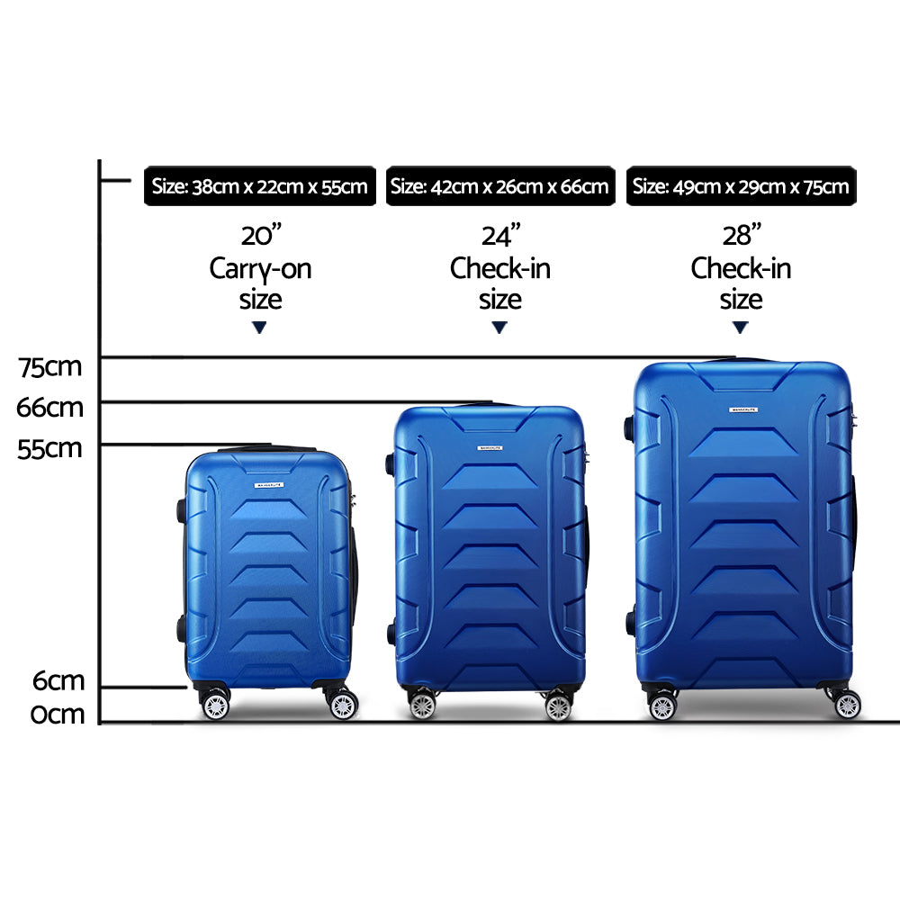 Wanderlite 3Set 20-24-28 Inch Luggage with TSA Lock Spinner Carry On Hard Shell Travel Suitcase Luggage Case LUG-ABS-BOS-3SET-BU