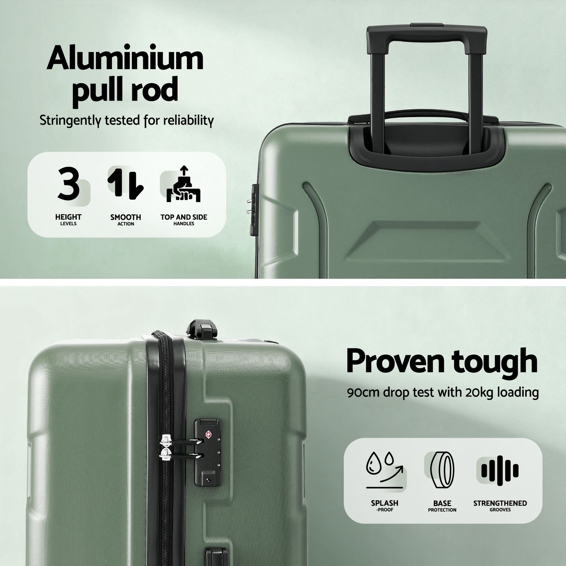 Wanderlite 3pcs Luggage Suitcase Set Trolley Travel TSA Lightweight Hard Case Grey Green LUG-ABS-BOS-3SET-GYGN