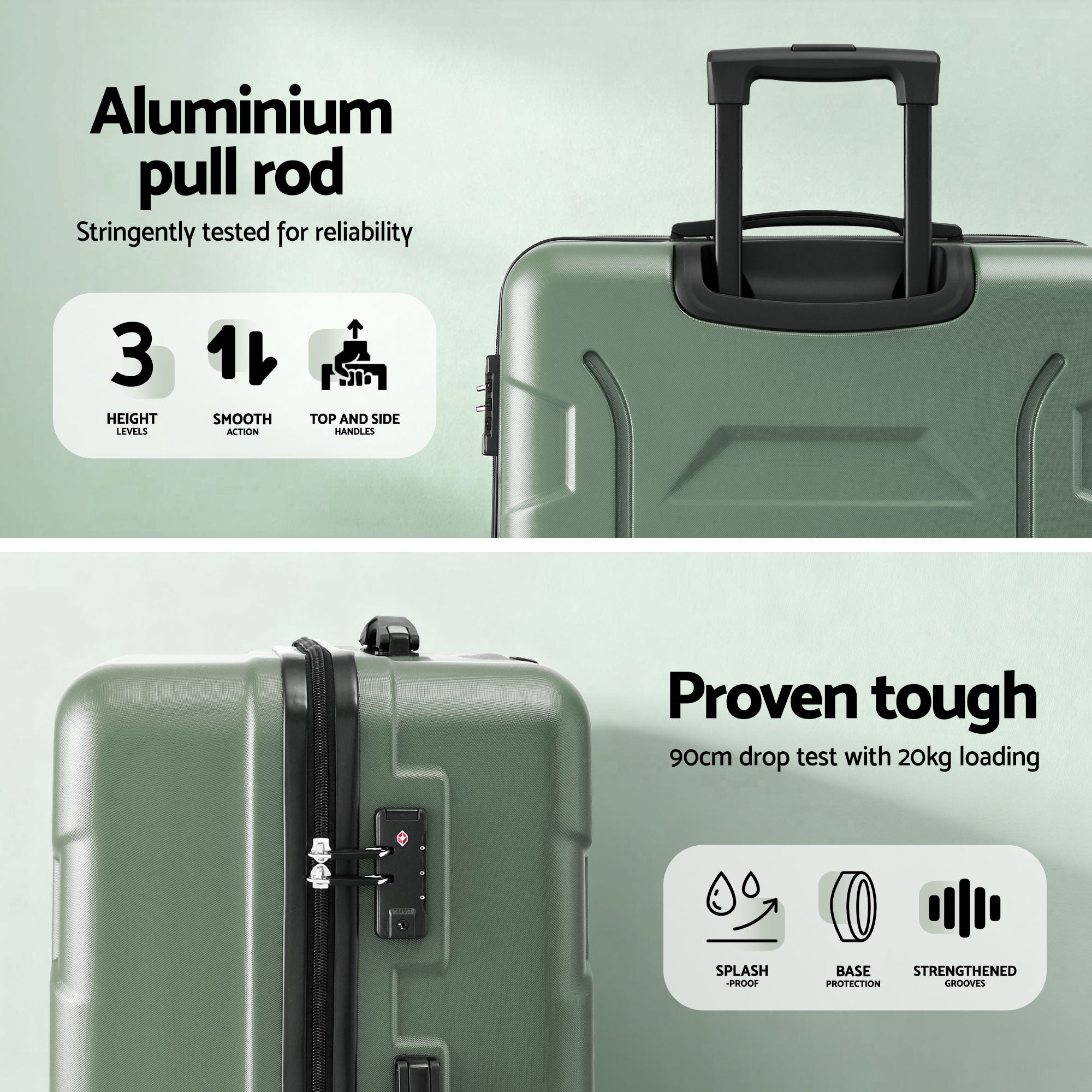 Wanderlite 3pcs Luggage Suitcase Set Trolley Travel TSA Lightweight Hard Case Grey Green LUG-ABS-BOS-3SET-GYGN