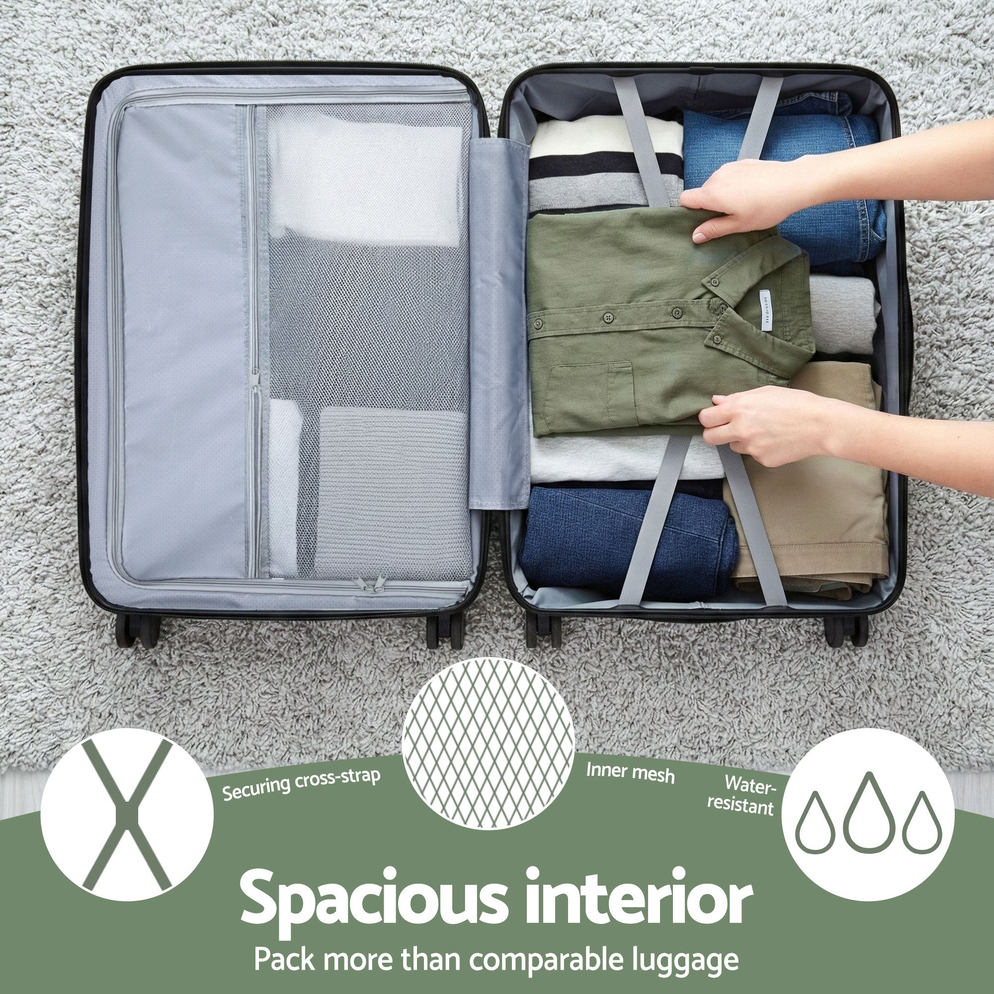 Wanderlite 3pcs Luggage Suitcase Set Trolley Travel TSA Lightweight Hard Case Grey Green LUG-ABS-BOS-3SET-GYGN