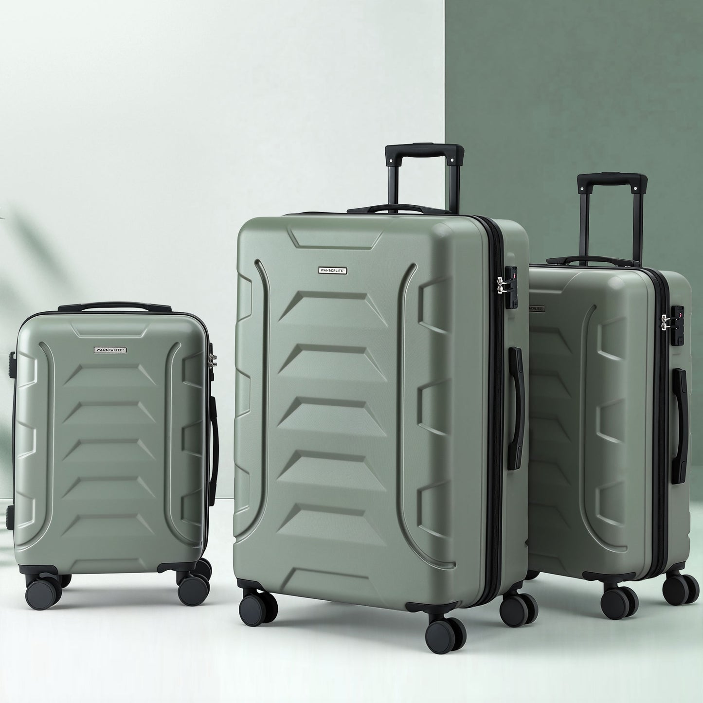 Wanderlite 3pcs Luggage Suitcase Set Trolley Travel TSA Lightweight Hard Case Grey Green LUG-ABS-BOS-3SET-GYGN
