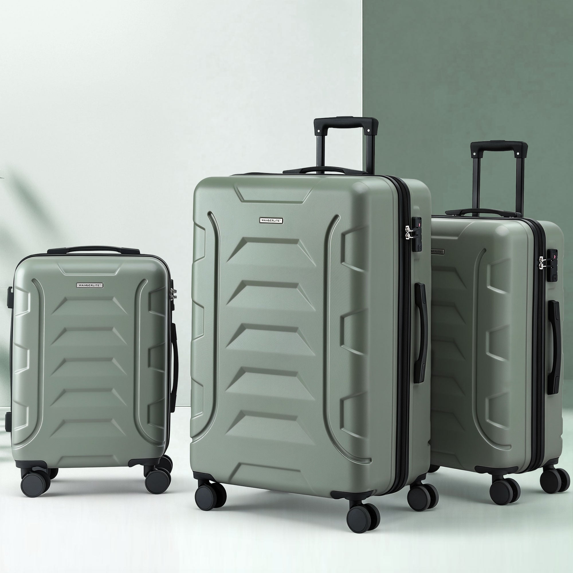 Wanderlite 3pcs Luggage Suitcase Set Trolley Travel TSA Lightweight Hard Case Grey Green LUG-ABS-BOS-3SET-GYGN