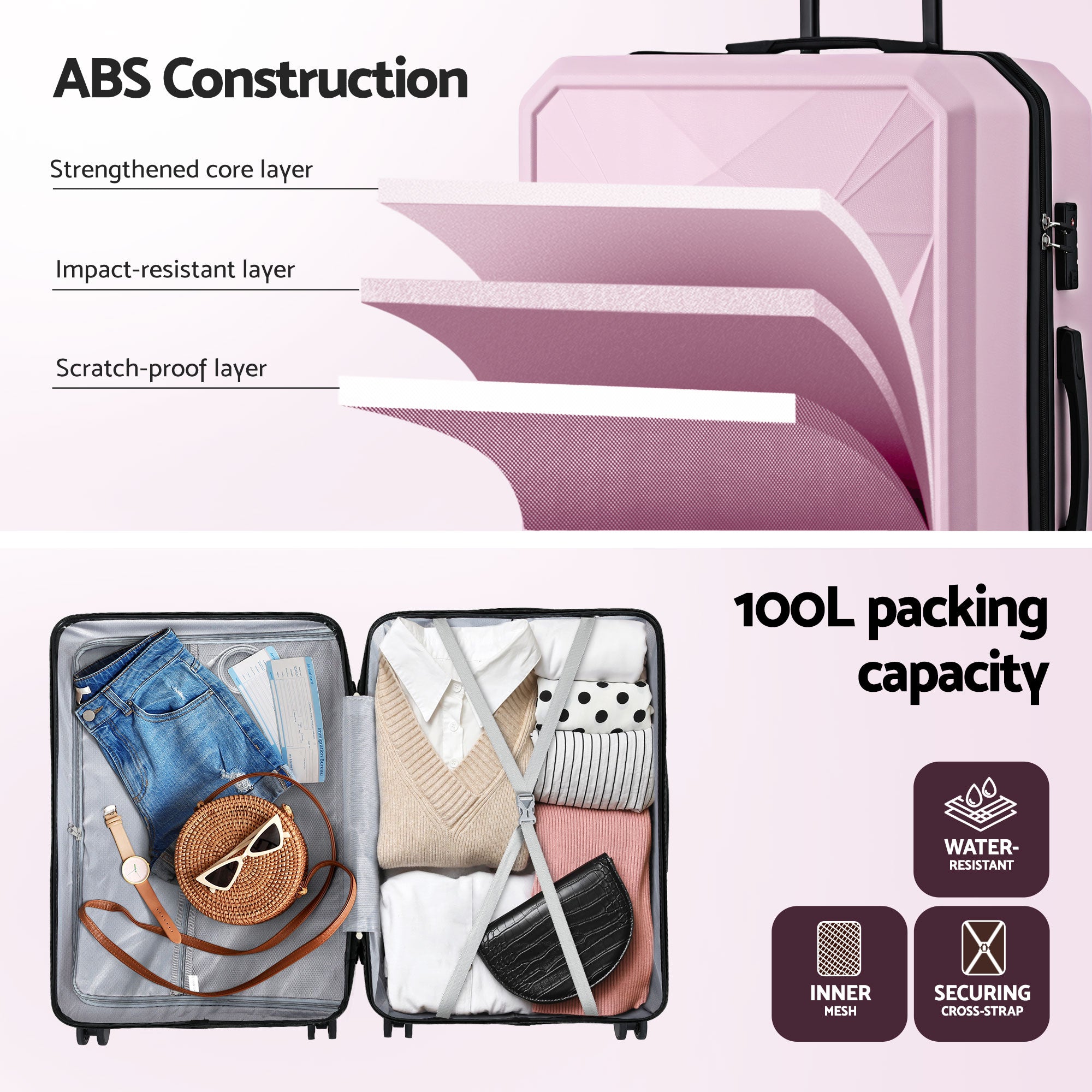 Wanderlite 28" Luggage Suitcase Trolley Travel Lightweight TSA Hardshell Pink LUG-ABS-DM-28-PK