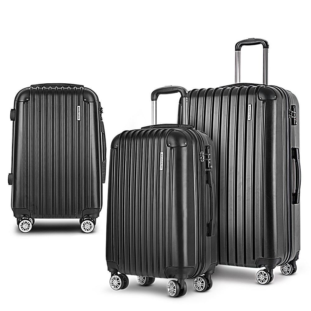 Wanderlite 3 Set Luggage 20-24-28 Inch with Zipper Lock Carry On Hard Shell Travel Suitcase Luggage Case Black LUG-ABS-ECO-3SET-BK