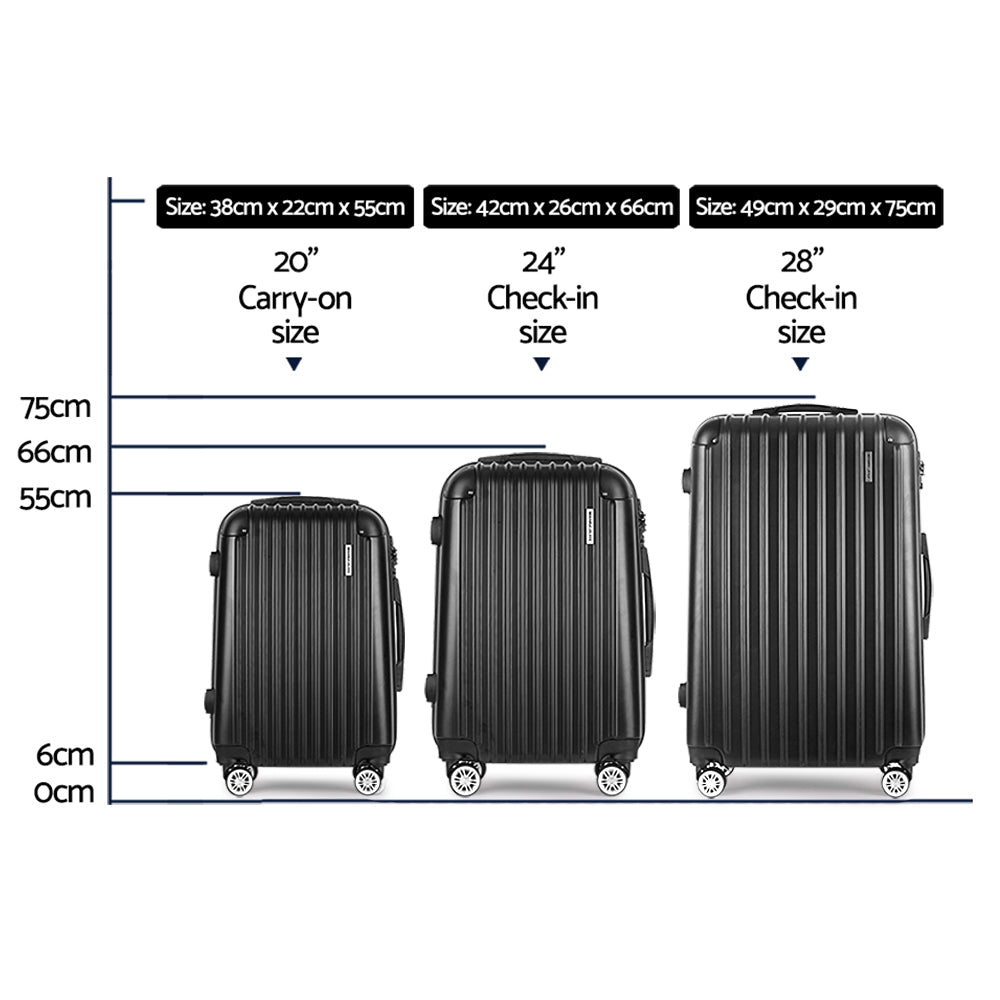 Wanderlite 3 Set Luggage 20-24-28 Inch with Zipper Lock Carry On Hard Shell Travel Suitcase Luggage Case Black LUG-ABS-ECO-3SET-BK